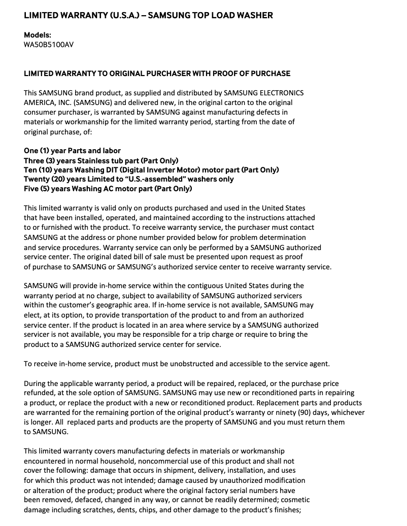 Page 1 de la notice Informations de garantie Samsung WA50B5100AV