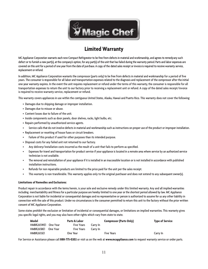 Page 1 of the manual Warranty Information Magic Chef HMBR265SE1