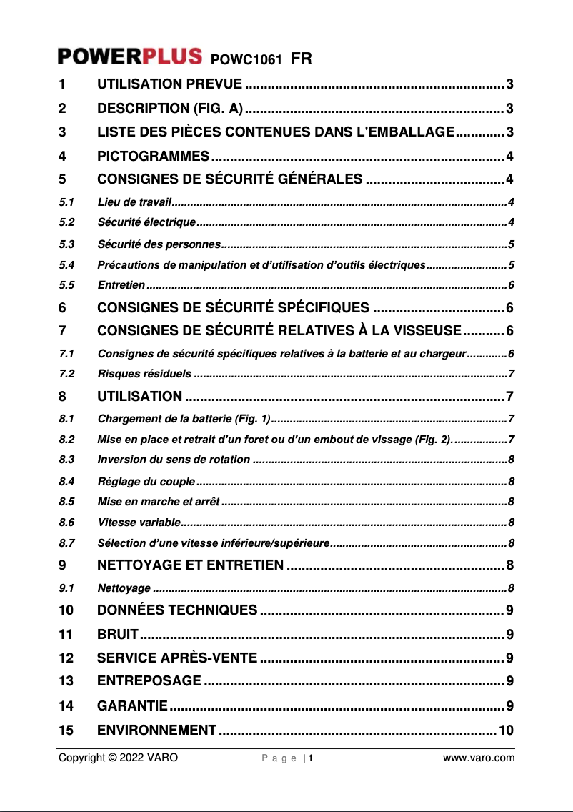 Page 1 de la notice Manuel utilisateur PowerPlus POWC1061