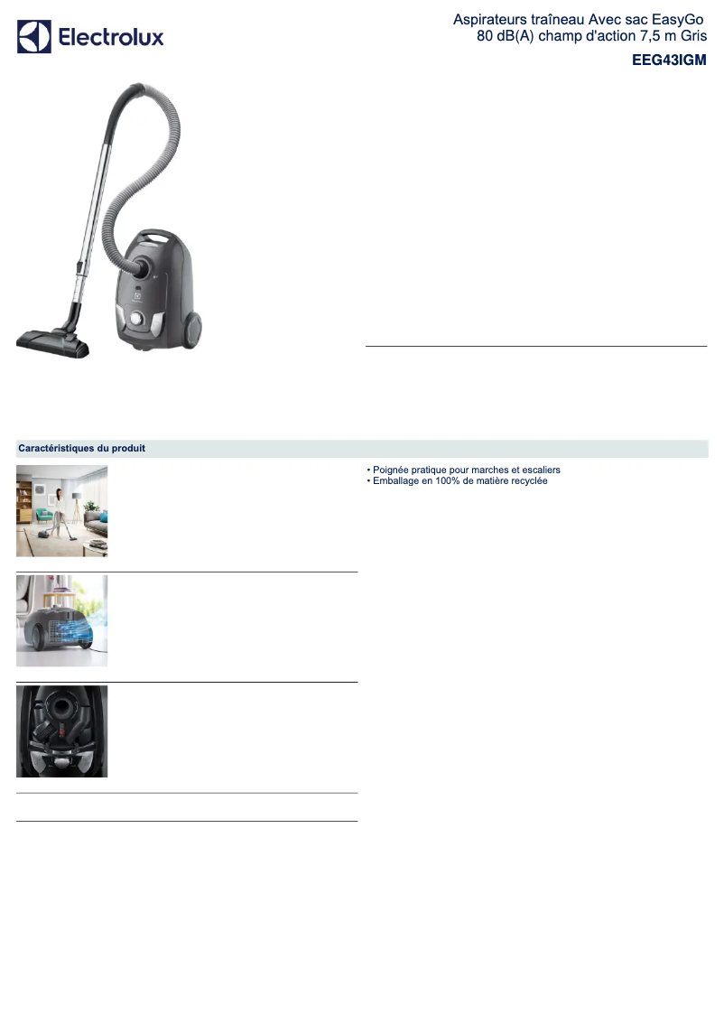 Page 1 de la notice Fiche technique Electrolux EasyGo EEG43IGM