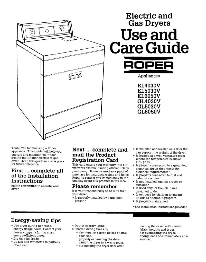 Page n°1 - Manuel utilisateur Roper GL4030VW0