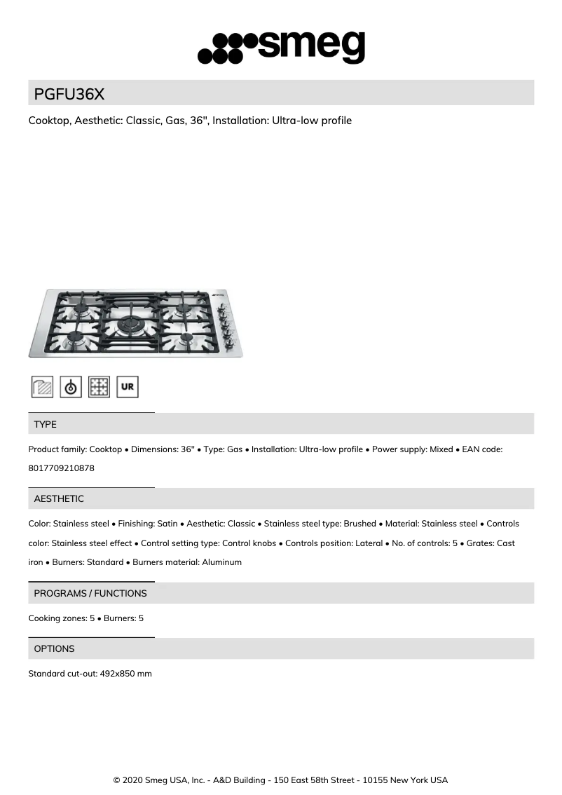Page 1 de la notice Fiche technique Smeg PGFU36X
