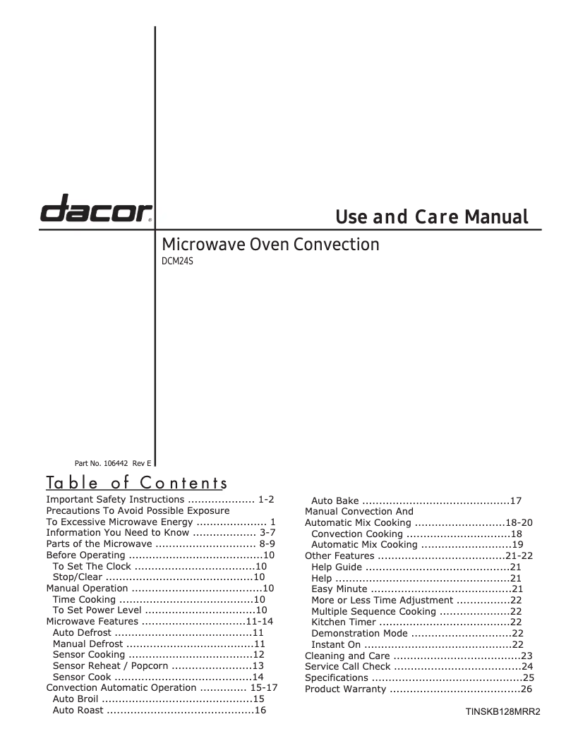 Page n°1 - Manuel d'utilisation et d'entretien Dacor DCM24S