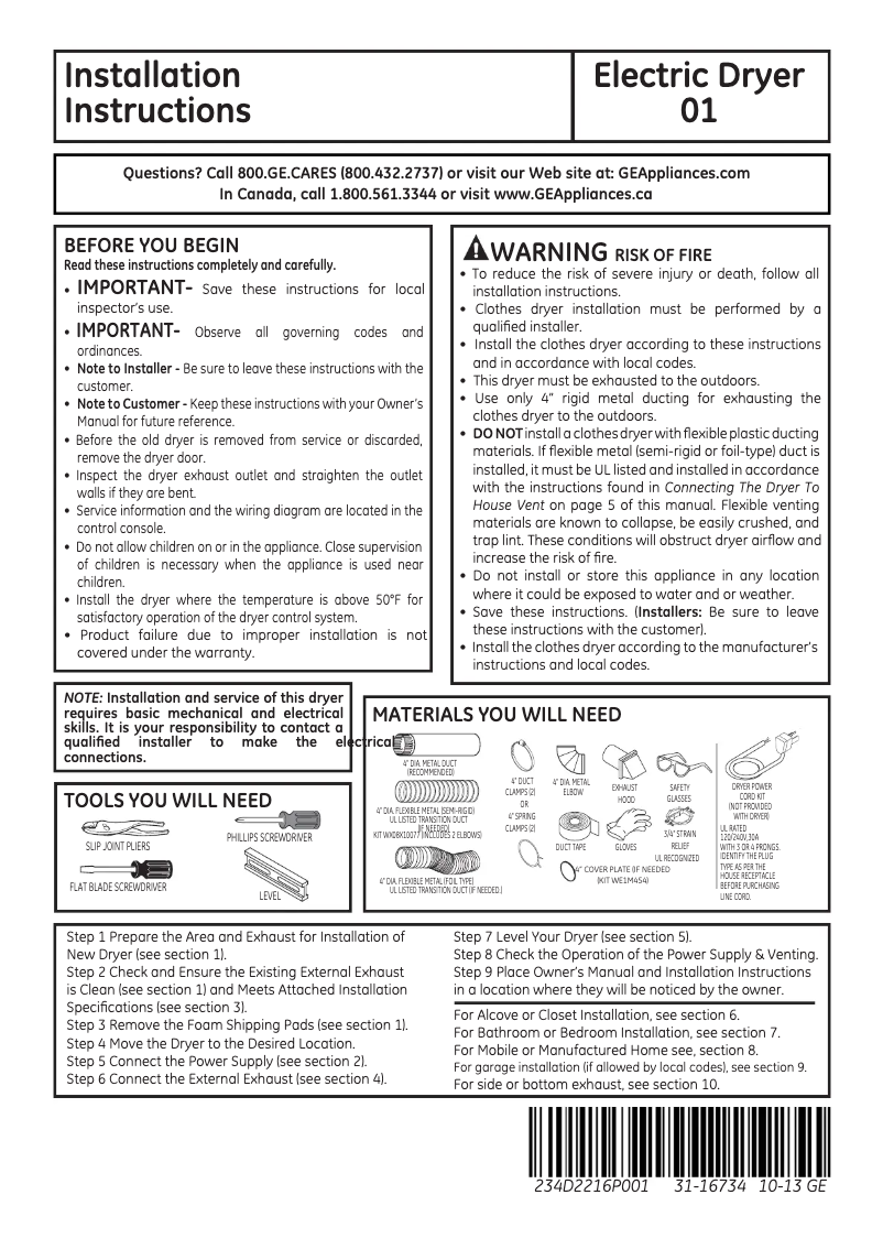 Page n°1 - Guide d'installation GE GTDX185EDCC