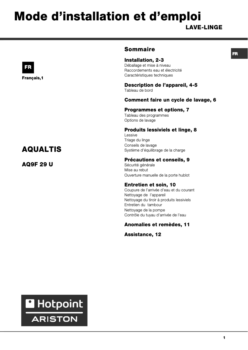 Page n°1 - Manuel utilisateur Hotpoint Ariston AQ9F 29 U FR