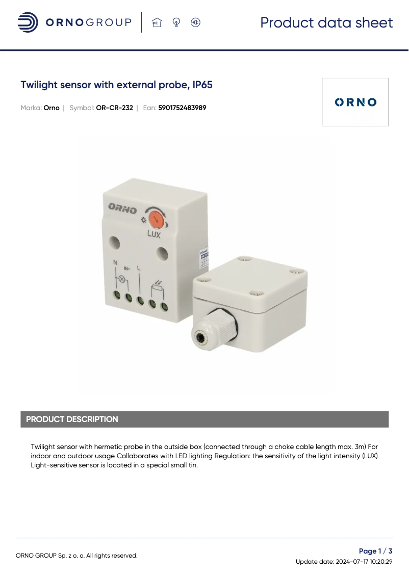 Page 1 de la notice Fiche technique ORNO OR-CR-232
