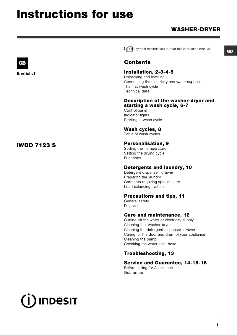 Page n°1 - Manuel utilisateur Indesit IWDD 7123