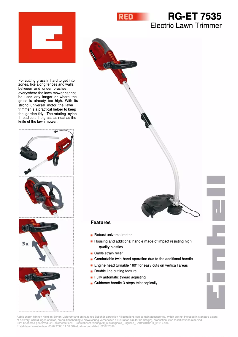 Página 1 del manual Ficha técnica Einhell RG-ET 7535