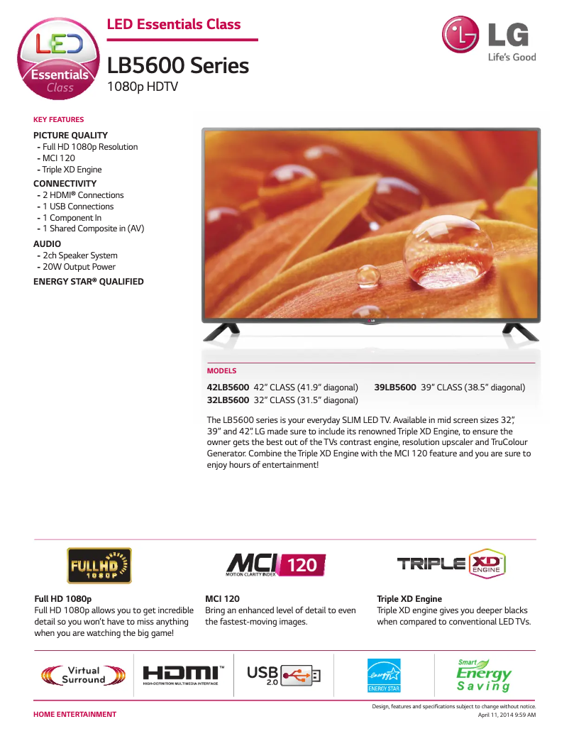 Página 1 del manual Ficha técnica LG 42LB5600