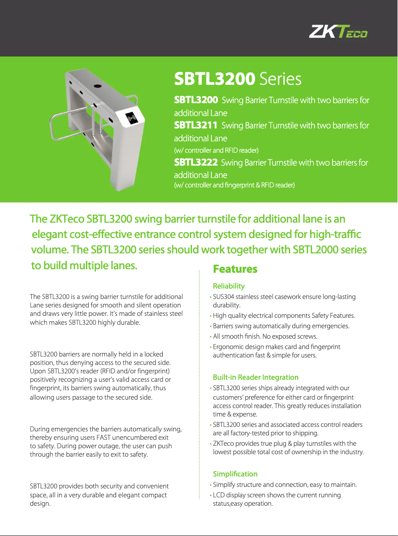Page 1 de la notice Fiche technique ZKTeco SBTL3200