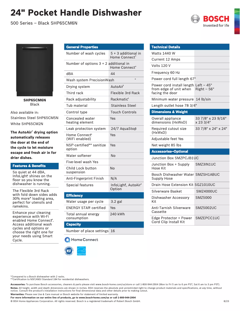 Page 1 de la notice Fiche technique Bosch SHP65CM6N