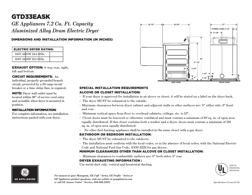 Page 1 de la notice Fiche technique GE GTD42EASJWW