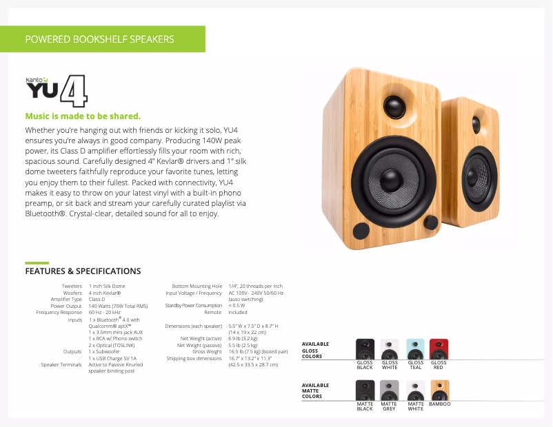 Page 1 de la notice Fiche technique Kanto YU4