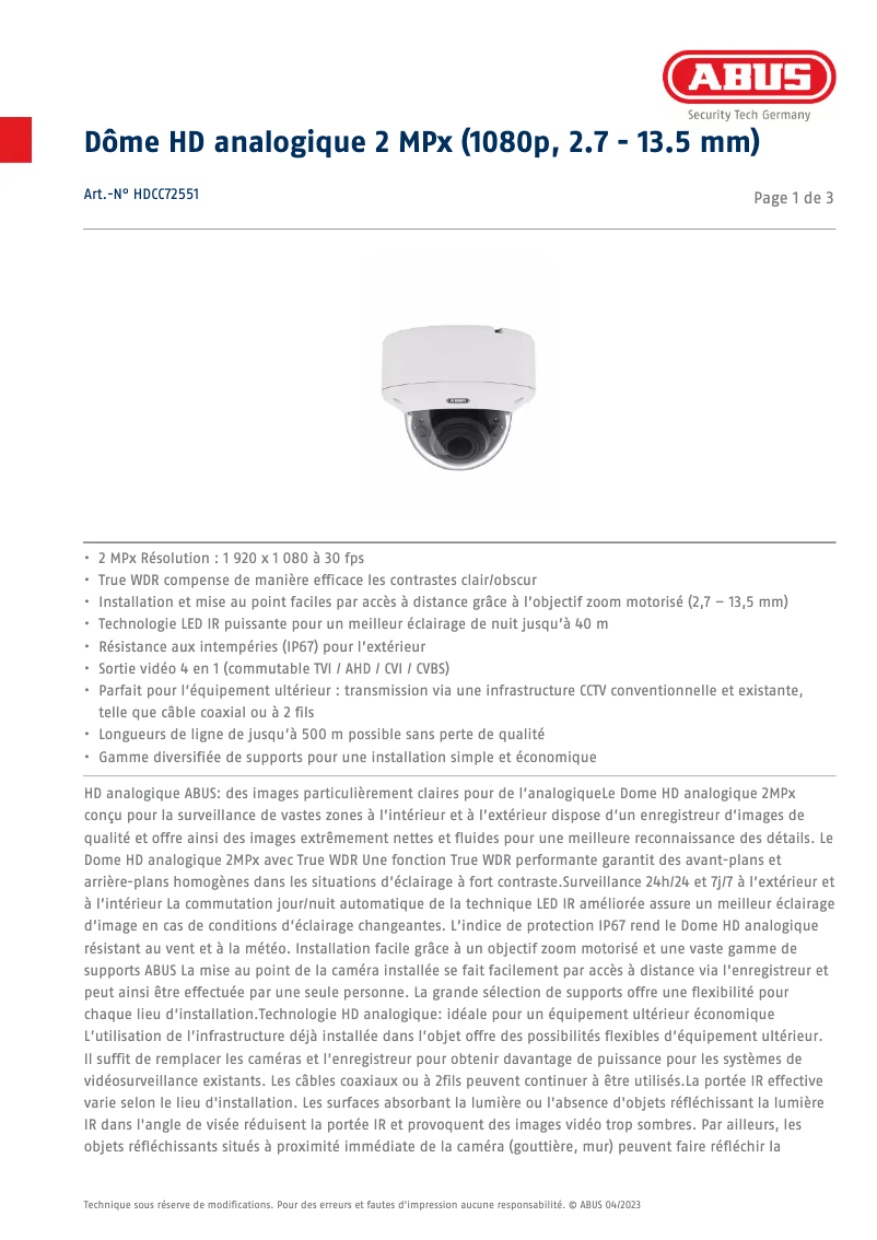 Página 1 del manual Ficha técnica Abus HDCC72551