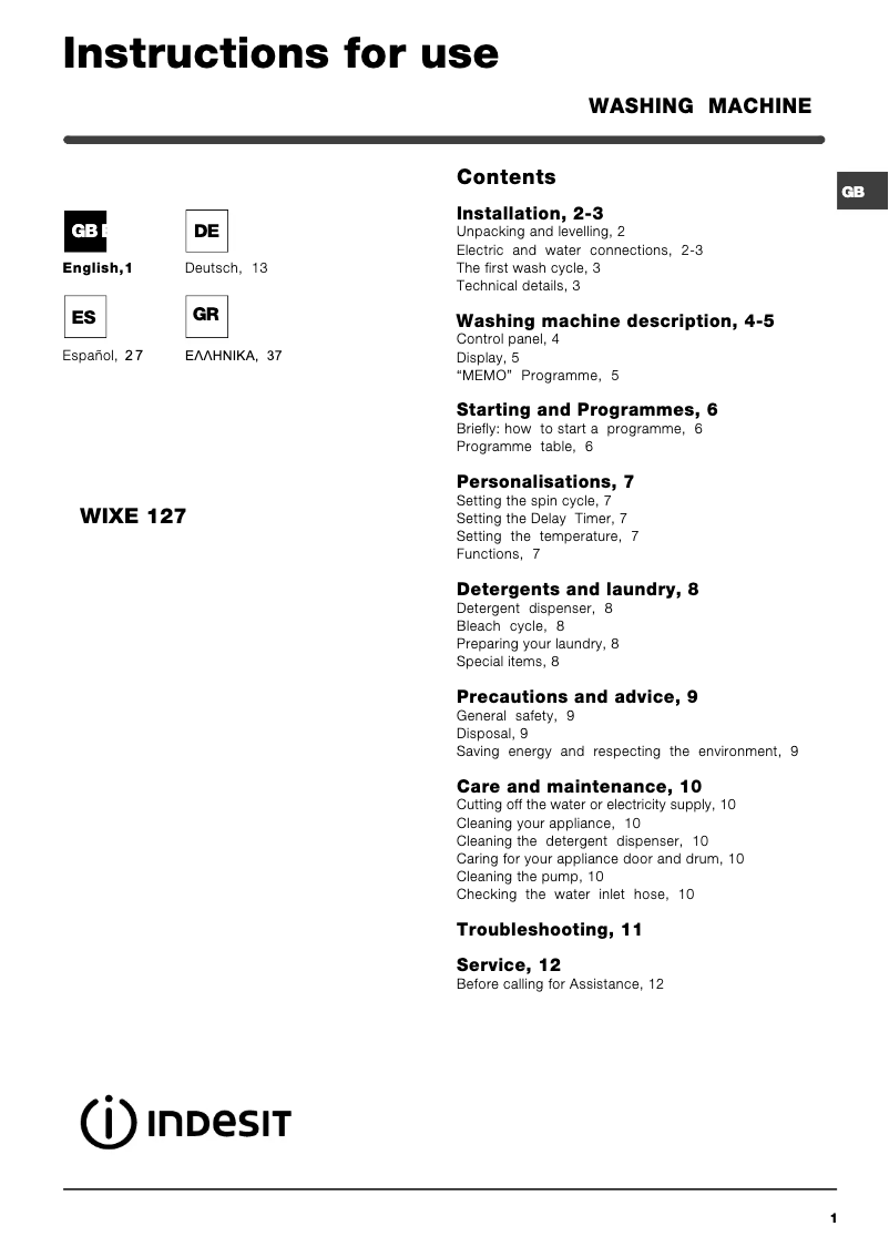 Página 1 del manual Manual de usuario Indesit WIXE127