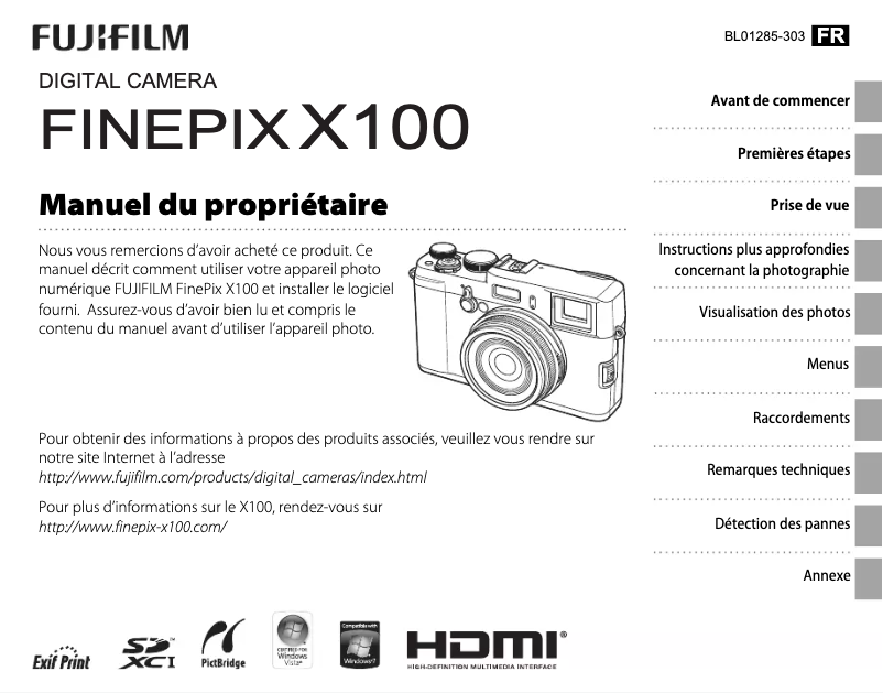 Page 1 de la notice Manuel utilisateur Fujifilm FinePix X100
