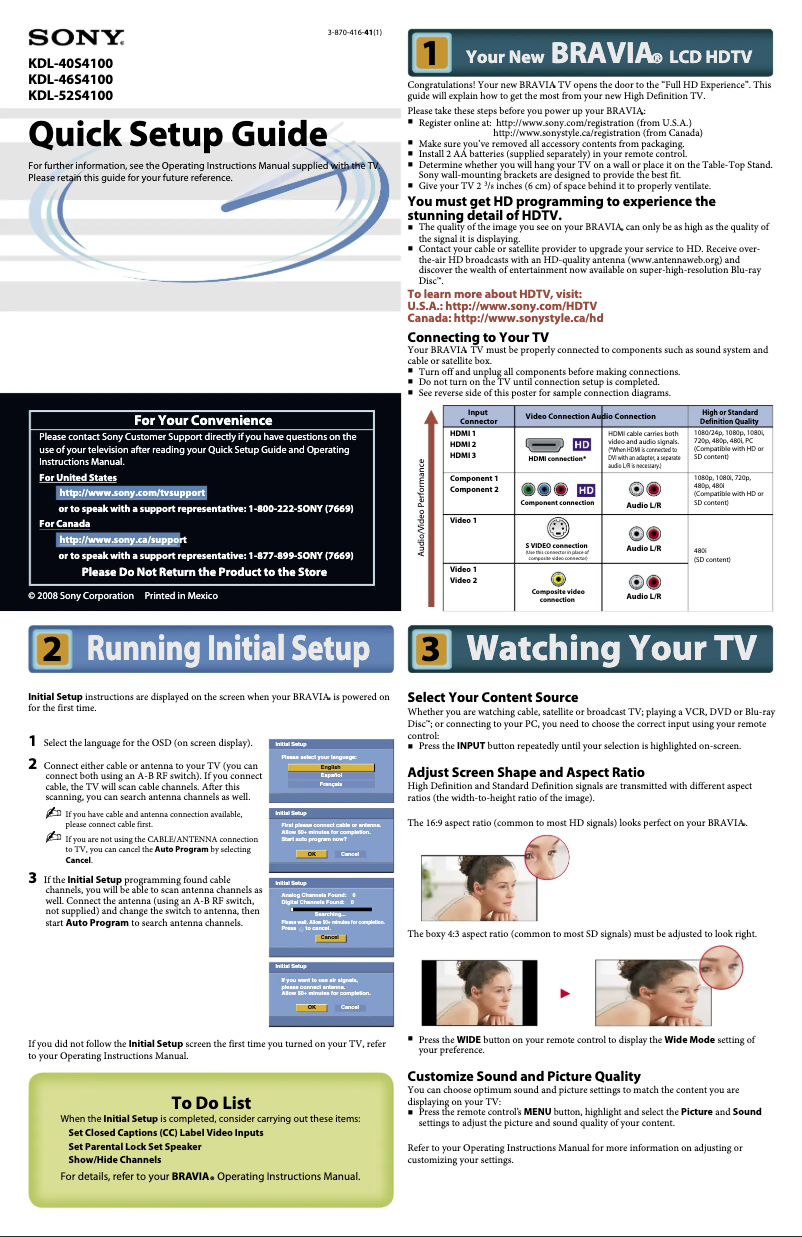 Page n°1 - Guide d'installation Sony Bravia KDL-52S4100