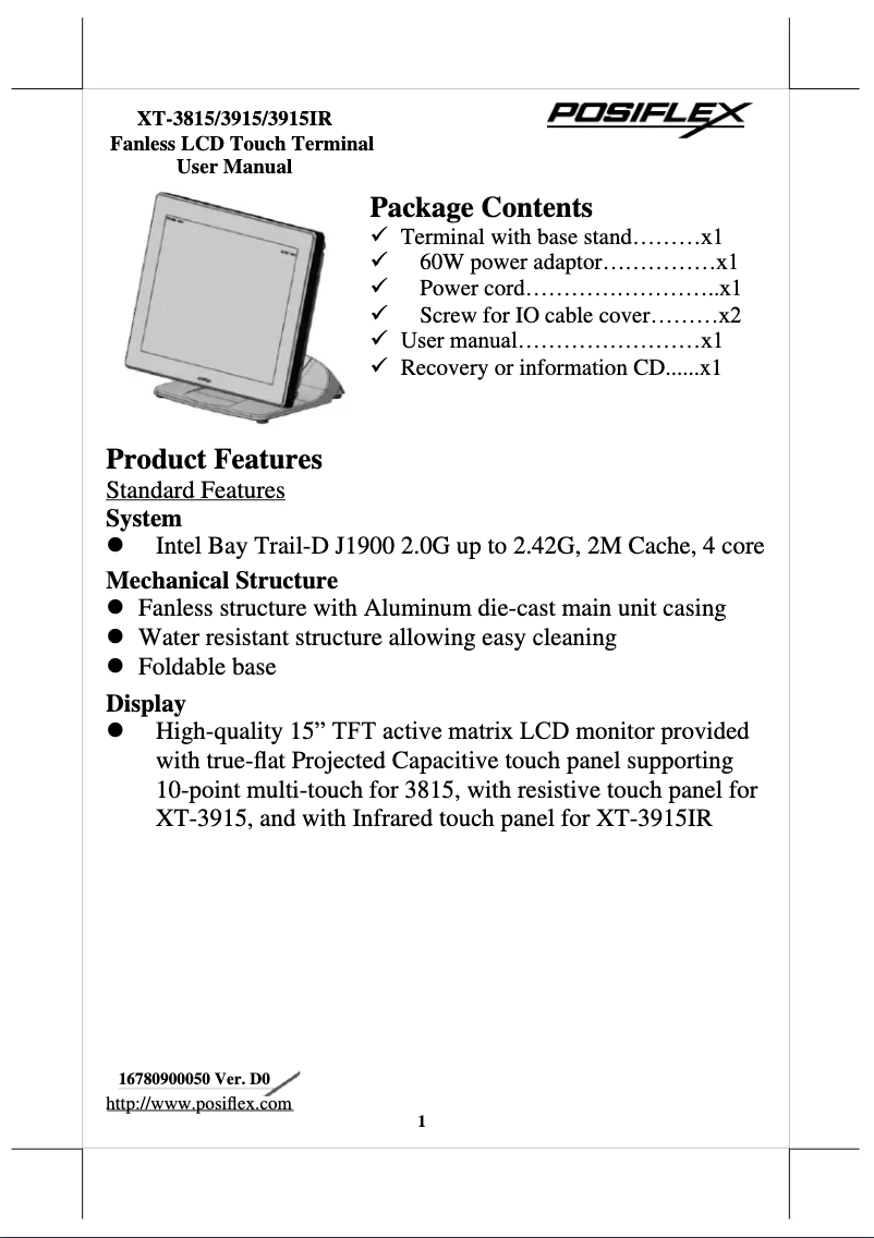 Page 1 de la notice Manuel utilisateur Posiflex JIVA XT-3915IR-G2
