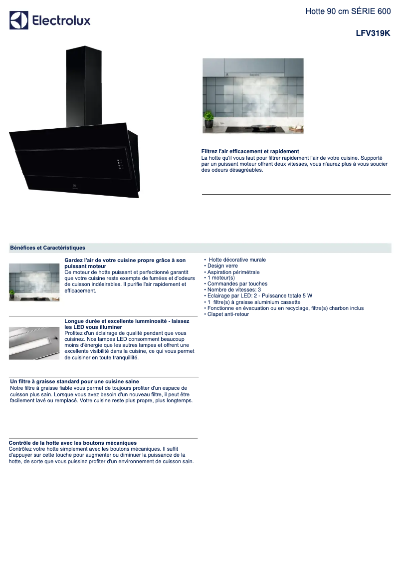 Page 1 de la notice Fiche technique Electrolux LFV319K