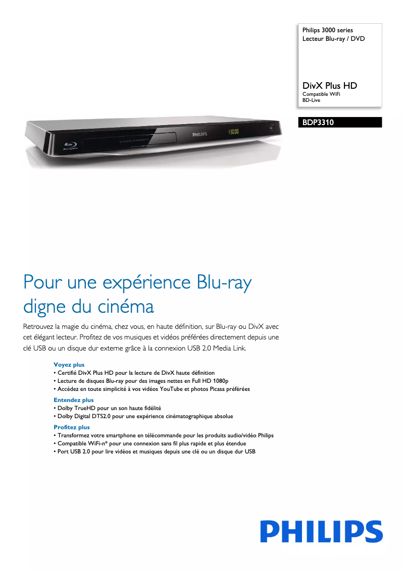Page 1 de la notice Fiche technique Philips BDP3310