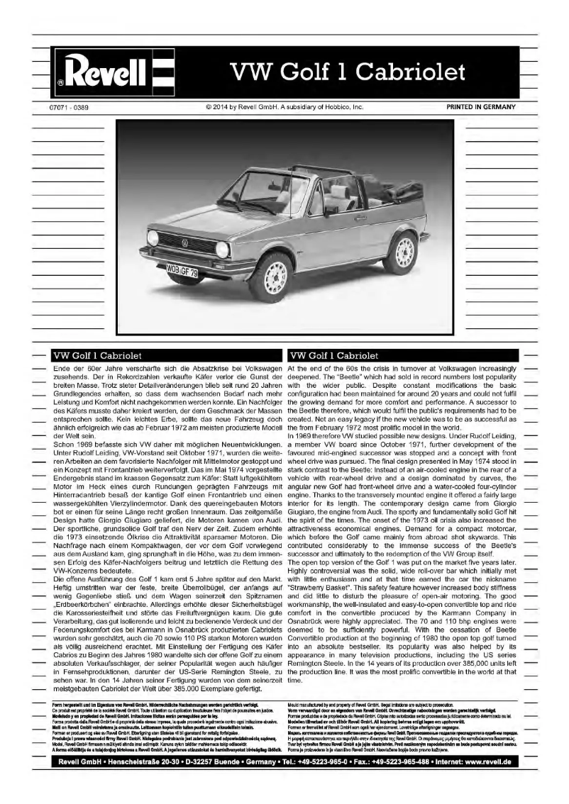 Page 1 de la notice Manuel utilisateur Revell VW Golf 1 Cabriolet