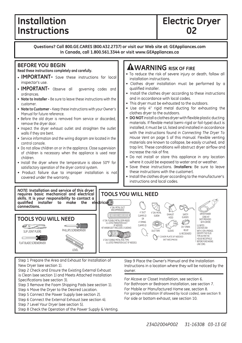 Page n°1 - Guide d'installation GE GTDS570EDWW