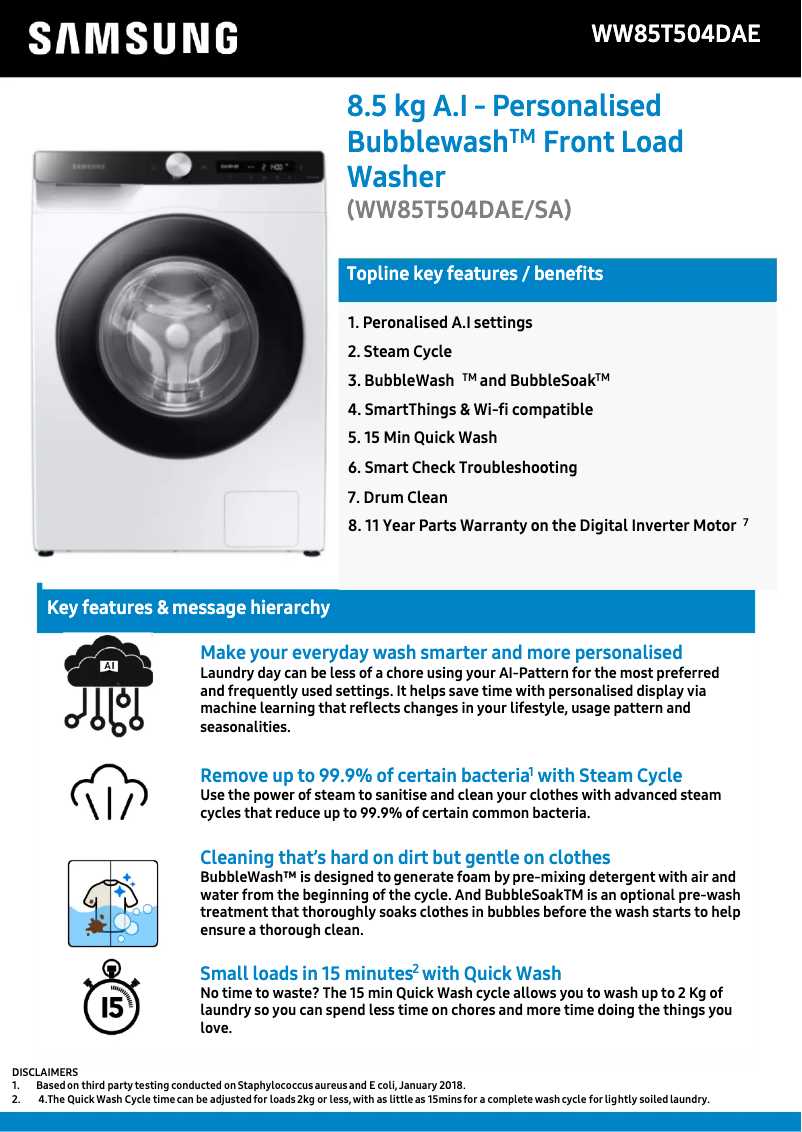 Image de la première page du manuel de l'appareil WW85T504DAE