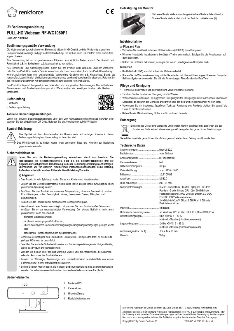 Page 1 de la notice Manuel utilisateur Renkforce RF-WC1080P1
