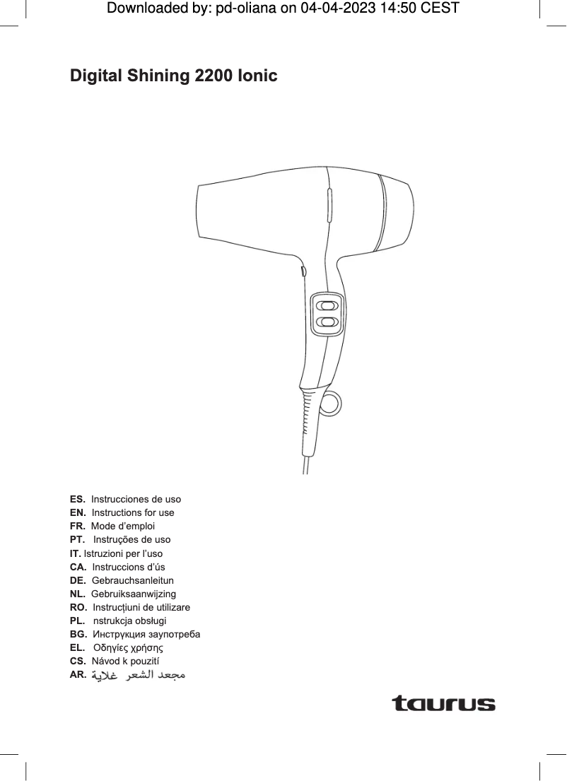 Page n°1 - Manuel utilisateur Taurus Digital Shining 2200 Ionic