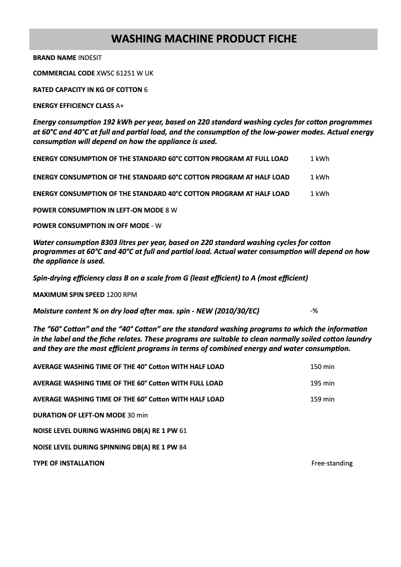 Page n°1 - Instructions / montage Indesit XWSC 61251 W UK