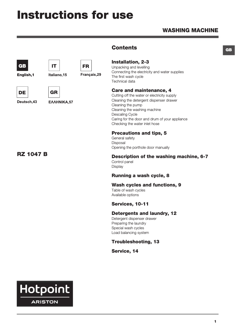 Page n°1 - Manuel utilisateur Hotpoint Ariston RZ 1047 B EU