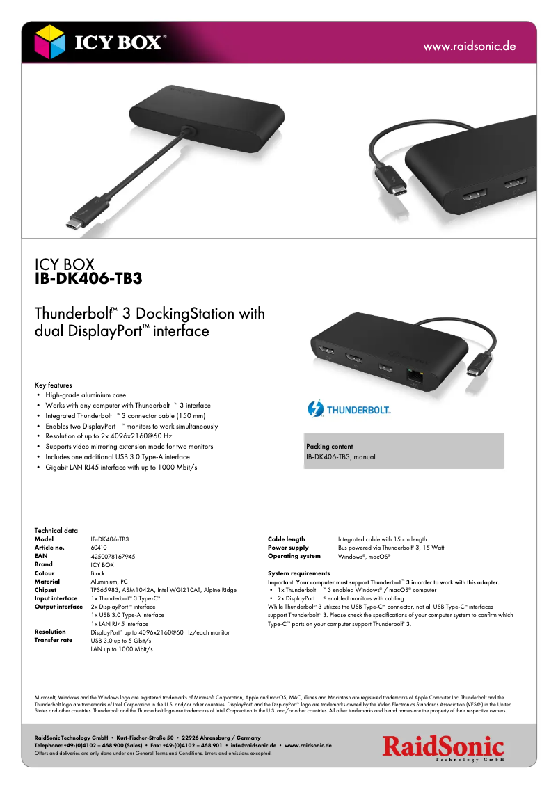 Page 1 de la notice Fiche technique Icy Box IB-DK406-TB3