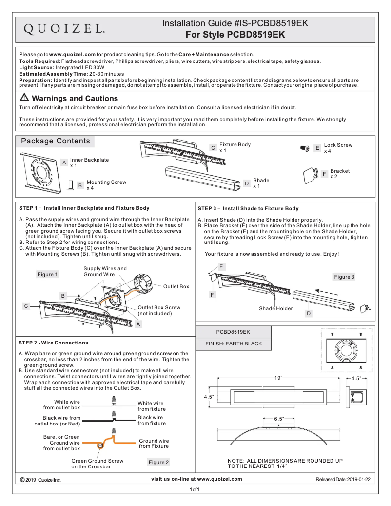 Page 1 de la notice Manuel utilisateur Quoizel Blade PCBD8519EK