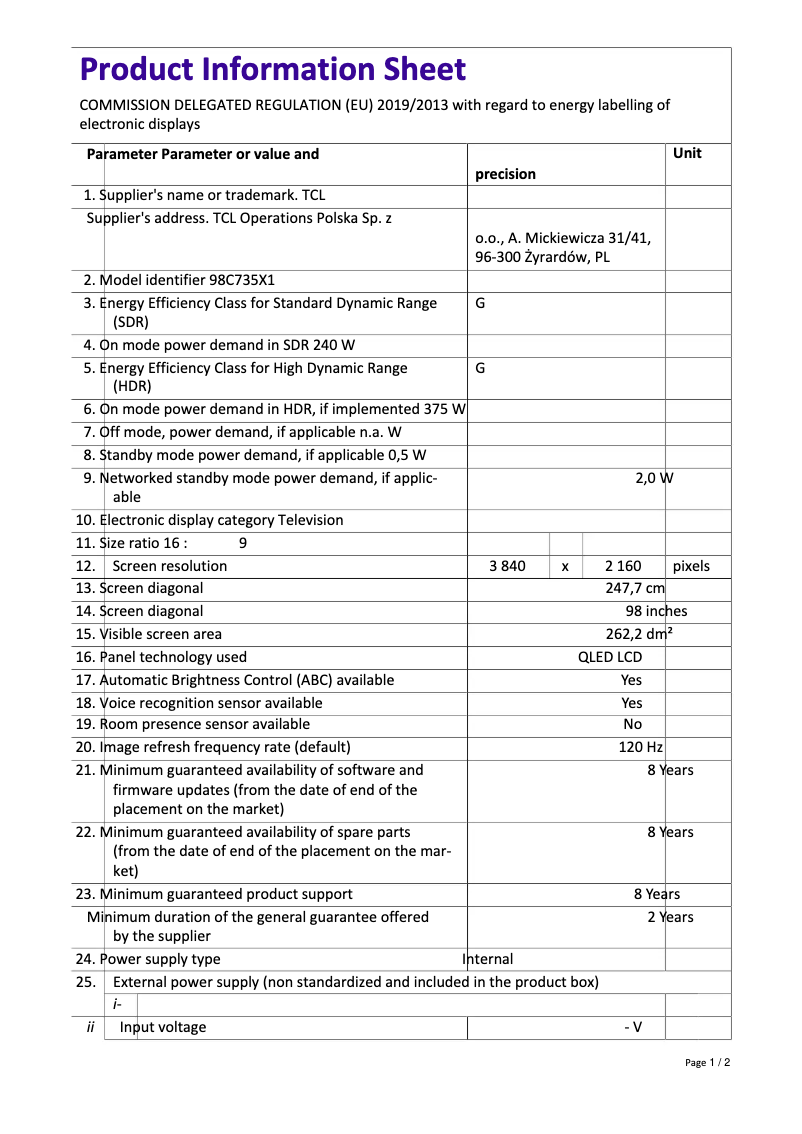 Page 1 de la notice Fiche technique TCL 98C735