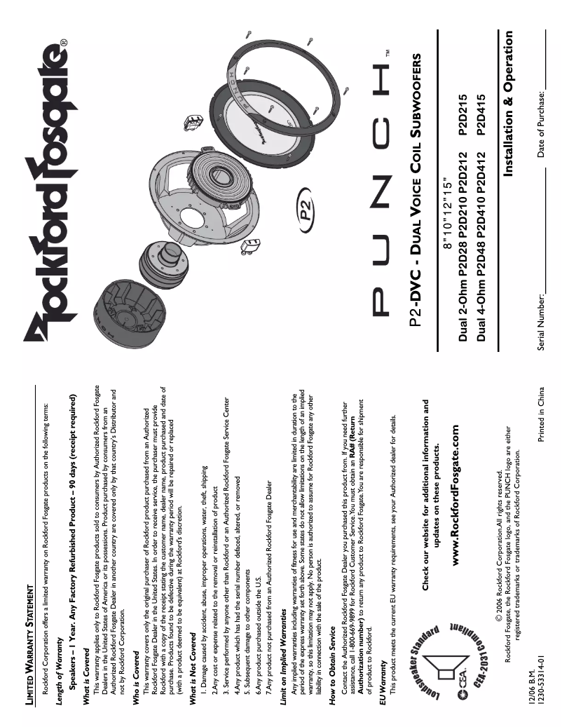 Page n°1 - Manuel utilisateur Rockford Fosgate Punch P2D212