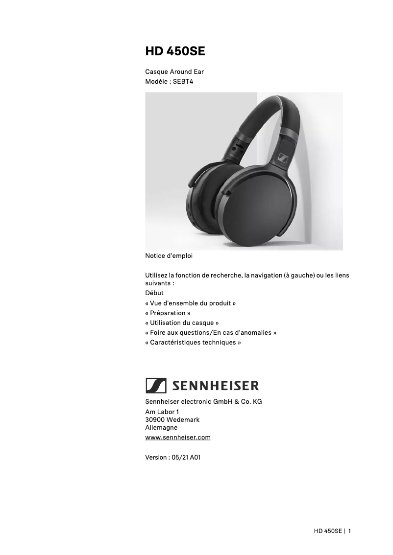 Page n°1 - Manuel utilisateur Sennheiser HD 450SE
