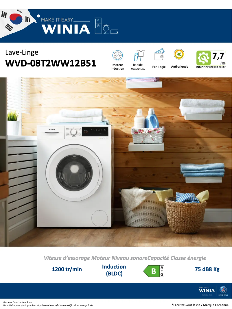 Page 1 de la notice Fiche technique Winia WVD-08T2WW12B51