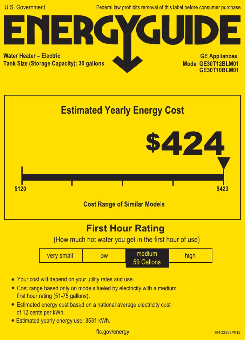 Page 1 de la notice Label énergétique GE GE30T12BLM