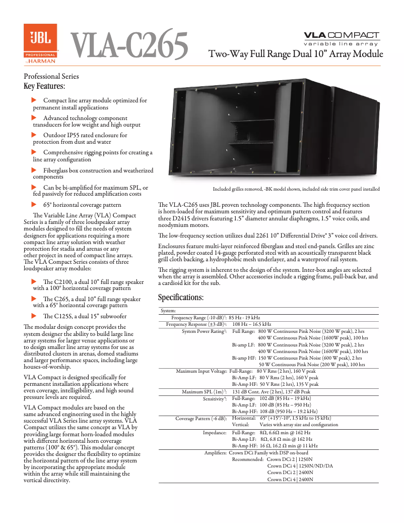 Page 1 de la notice Fiche technique JBL VLA-C265