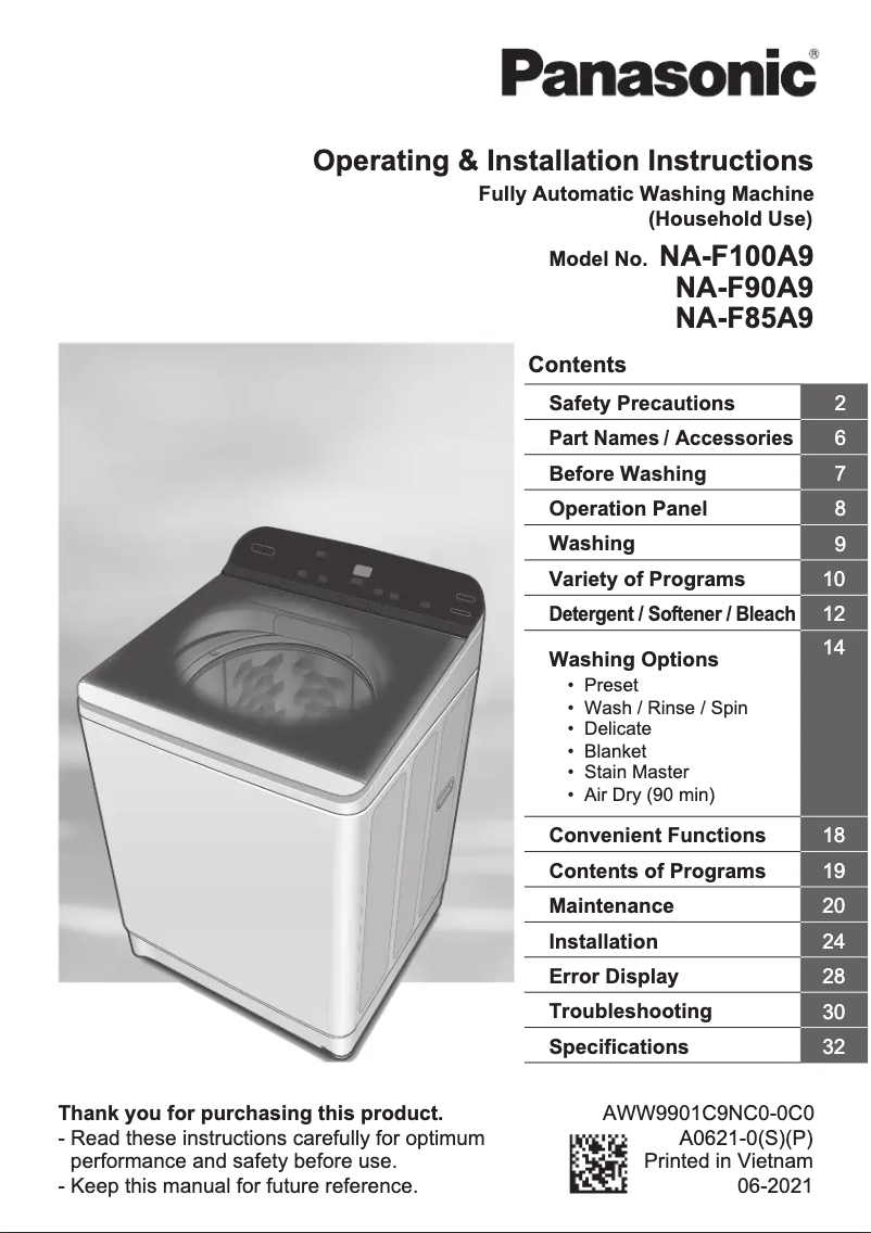 Page n°1 - Manuel utilisateur Panasonic NA-F85A9