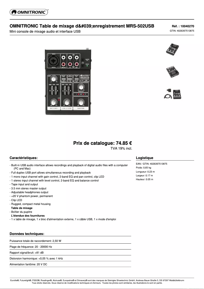 Page 1 de la notice Fiche technique Omnitronic MRS-502USB