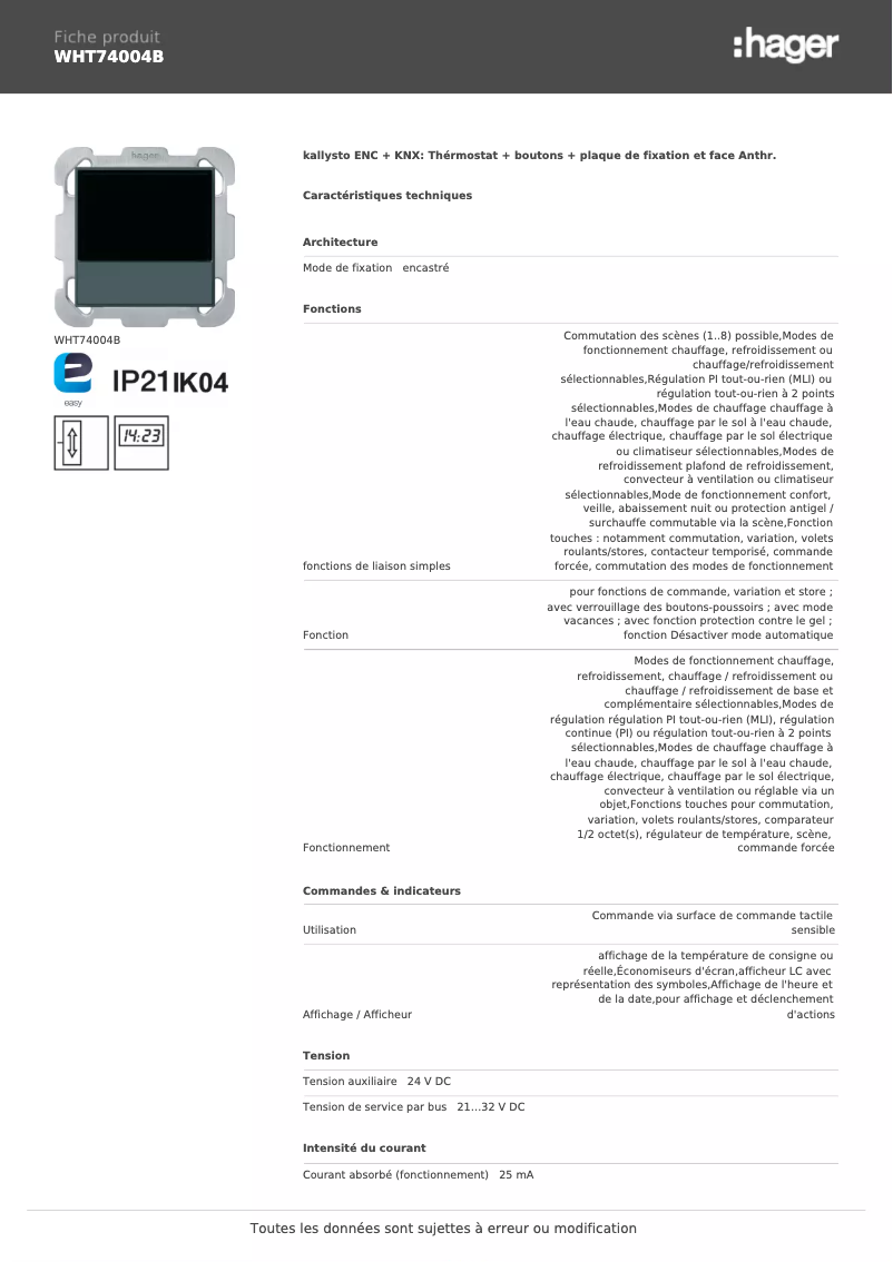 Page 1 de la notice Fiche technique Hager WHT74004B