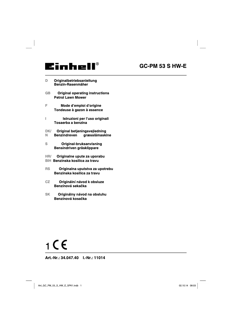 Page 1 de la notice Manuel utilisateur Einhell GC-PM 53 S HW-E