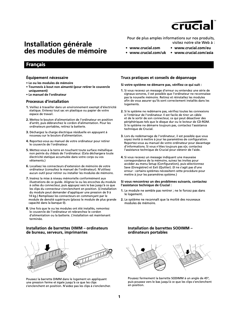 Page 1 de la notice Manuel utilisateur Crucial Ballistix 8GB DDR4-2400