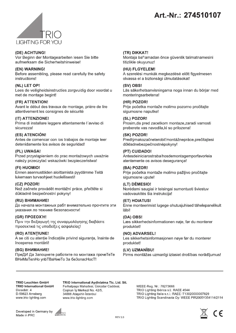 Page 1 de la notice Manuel utilisateur Trio Lighting Subara 274510107