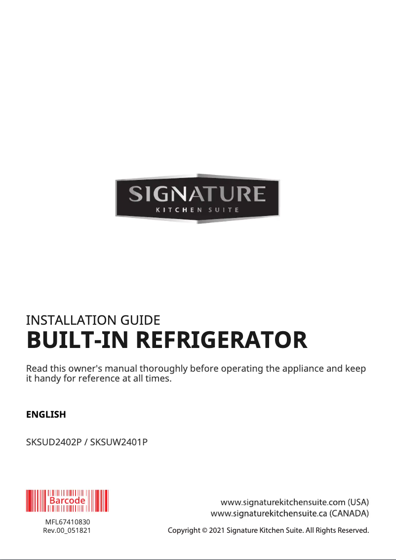 Page n°1 - Guide d'installation Signature SKSUW2401P