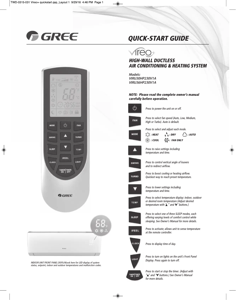 Page 1 de la notice Manuel utilisateur Gree VIRU36HP230V1AH