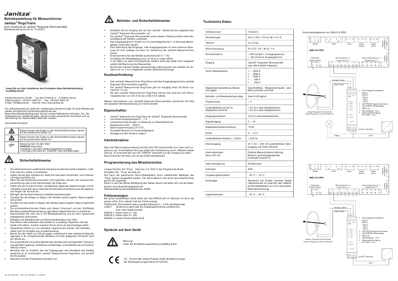Page 1 de la notice Manuel utilisateur Janitza RCM 201-ROGO