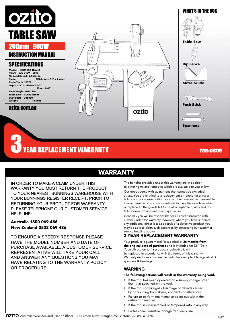 Page 1 de la notice Mode d'emploi Ozito TSB-0808