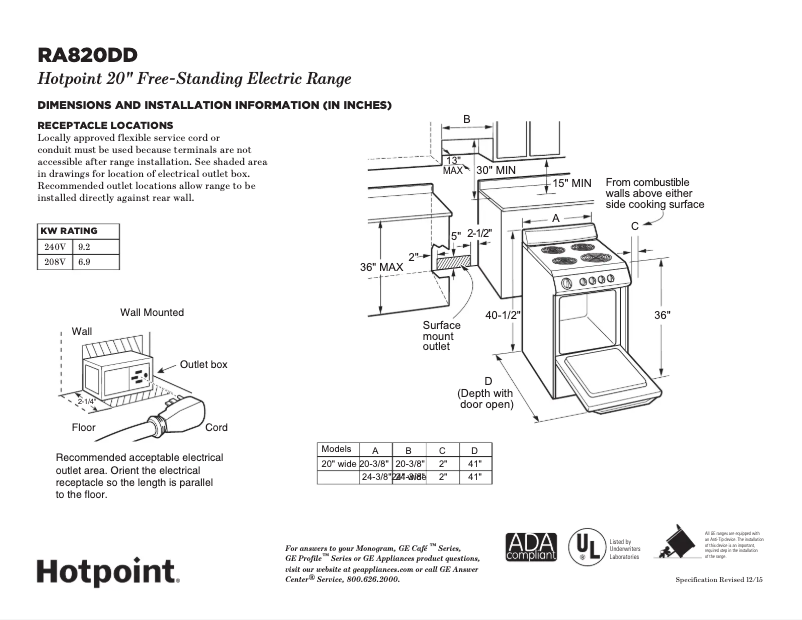 Page 1 de la notice Fiche technique Hotpoint RA820DDWW